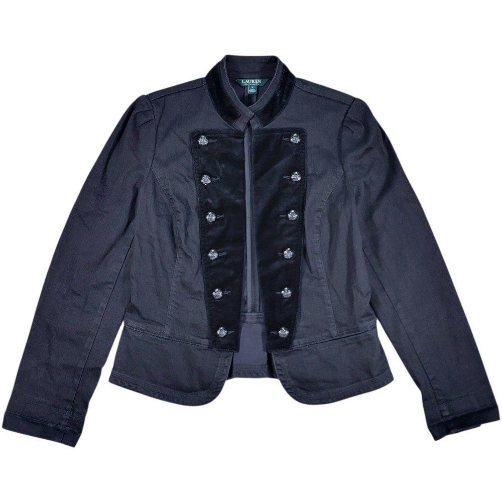 LRL Ralph Lauren Military Style Jacket Womens 6 Black Velvet Trim Goth Steampunk